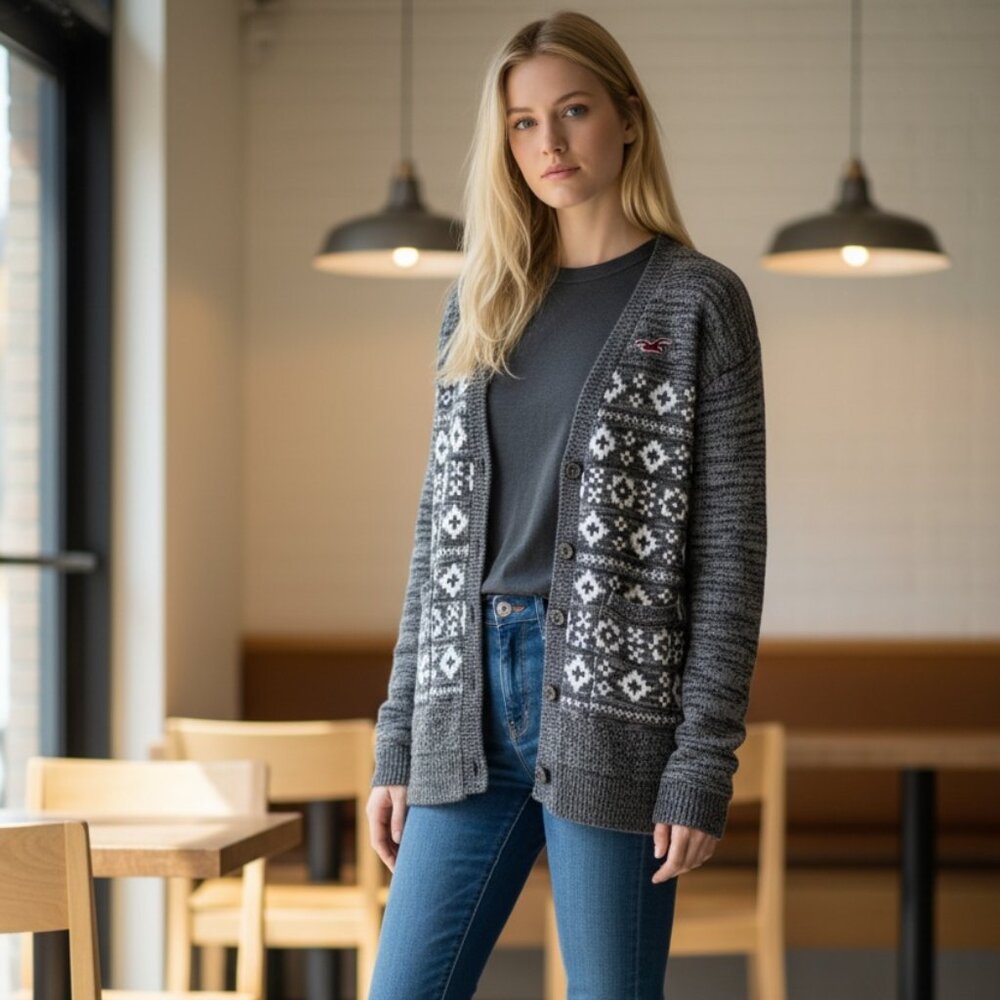 Fair Isle Nordic Cardigan Hollister Gray Button Front Cozy Sweater XS